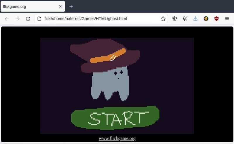 Start screen for Ghost. There is a Microsoft Paint-esque Pacman-form factor Ghost in a purple witch's hat above a crudely drawn green button which says start.