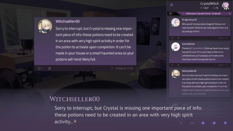 In-game social media posts where Witchseller00 explains what Crystal did wrong in making her potion -- namely not making the potion in an area with high spiritual activity.