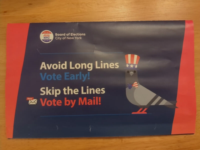 NYC Board of Elections mailer providing early voting information for 2024 general election. On the left it tells people to skip the lines and vote early or, alternatively, vote early by mail. On the left there is a large illustration of a pigeon with an Uncle Sam hat. The center background is dark blue while the edges are red.