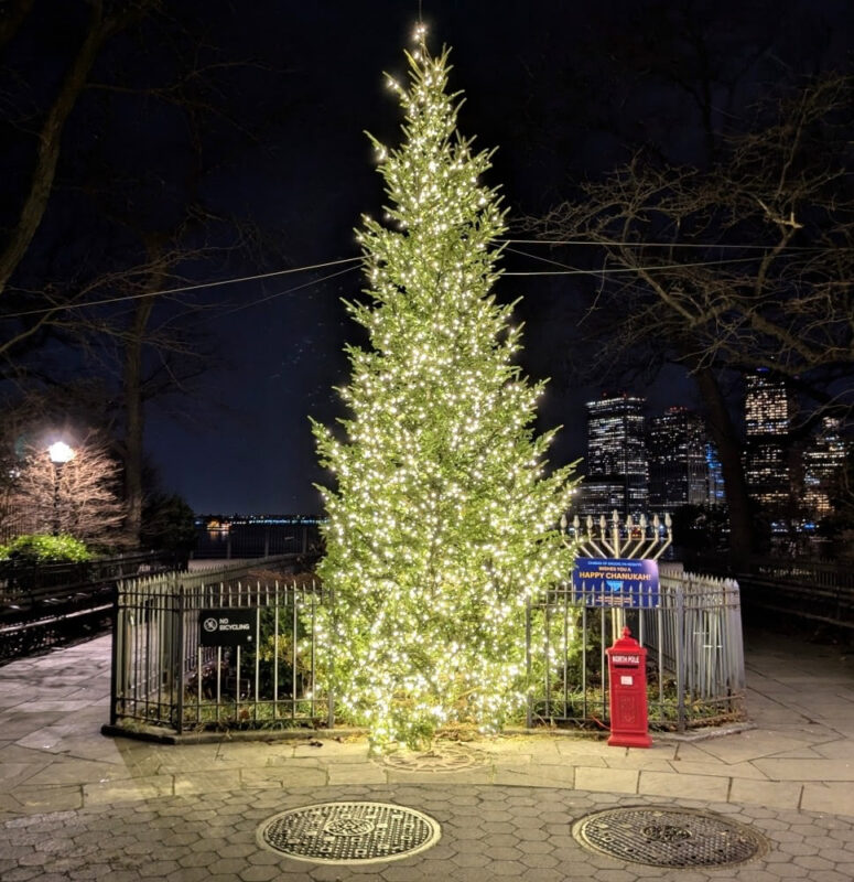 A well-lit large Christmas tree seen at night at the Montague entrance to the Brooklyn Heights promenade. It sits next to a little red mailbox which says "North Pole" and a metal Chanukah Menorah. The Manhattan skyline can be seen off in the distance.