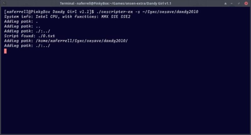 Using a terminal to launch Linux ONScripter-EN executable while designating a save path.