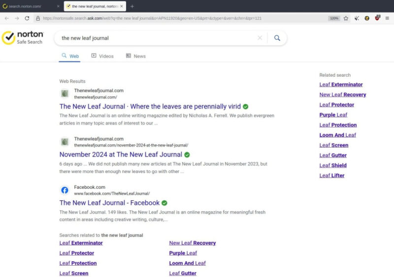 Norton Safe Search results for query "The New Leaf Journal." The first two results are New Leaf Journal links. Both have a green circle with a checkmark indicating that Norton Safeweb believes the links are safe.