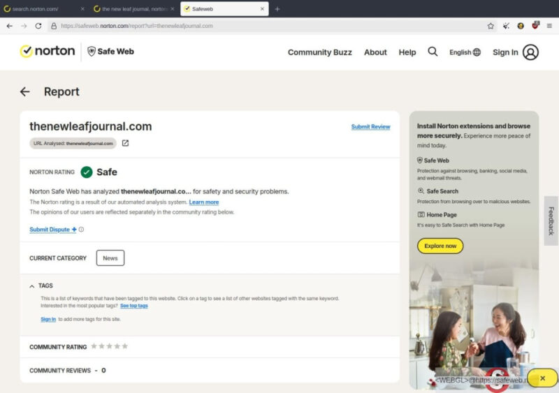 Norton Safeweb profile page for thenewleafjournal.com. The domain is marked safe and Norton says it received the safe rating after an analysis by Safeweb's automated analysis system. The community rating field is blank.