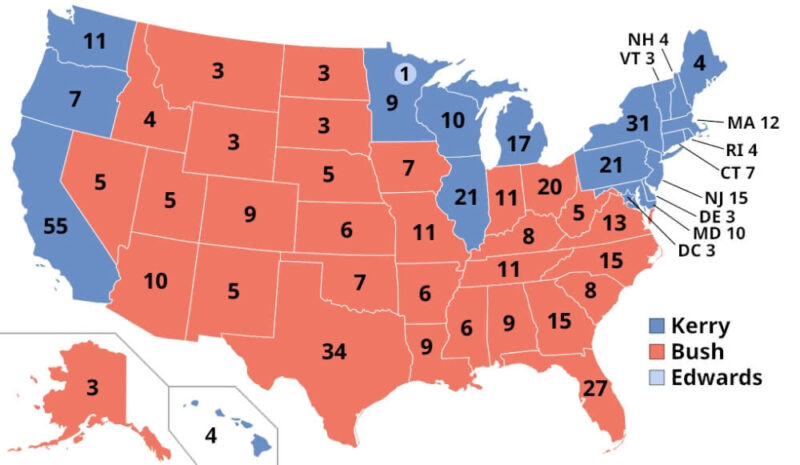 2004 presidential elections result map from Wikipedia. States won by George W. Bush are in red and states won by John Kerry are in blue.