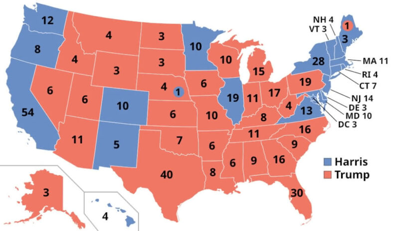 2024 presidential elections result map from Wikipedia. States won by Donald Trump are in red and states won by Kamala Harris are in blue.