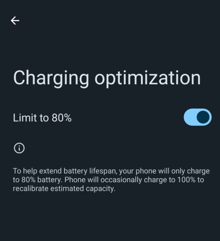 GrapheneOS Charging optimization settings. There is a single on-off toggle. It is toggled ON in the screenshot. Text under the toggle: "To help extend battery lifespan, your phone will only charge to 80% battery. Phone will occasionally charge to 100% to recalibrate estimated capacity."