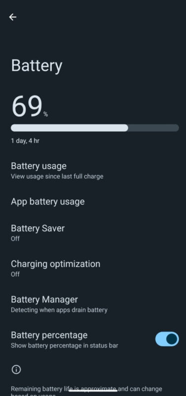 GrapheneOS Battery sub-menu in settings. Battery here is shown to be 69%. There is a menu item for "Charging optimization" which was only added recently.