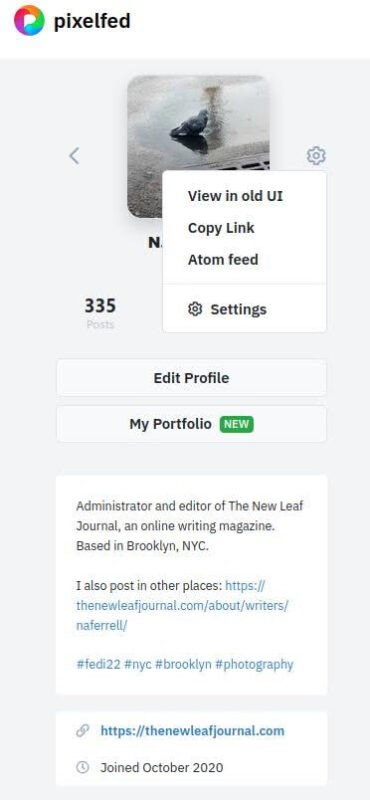 Clip from @nafnlj@pixelfed.social profile after clicking cog wheel next to profile image. Options in menu are View in old UI, Copy Link, Atom feed, and Settings.