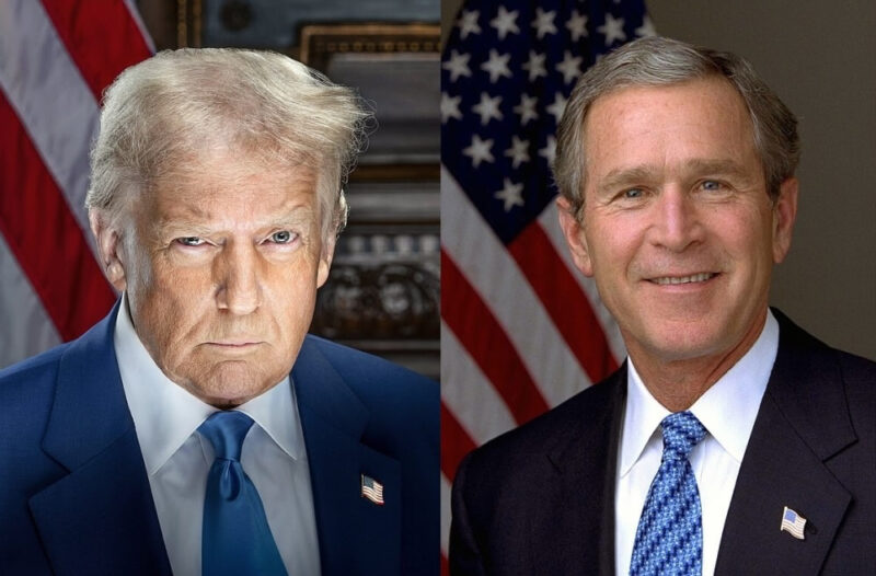 Side-by side portraits of Presidents Donald Trump and George W. Bush. On the left is Donald Trump's 2024 inaugural portrait. He is wearing a blue suit and blue tie and staring sternly into the camera with an American flag in the backjground. On the right is President George W. Bush's presidential portrait. He too is wearing a blue suit and blue tie with a flag in the background, but smiling for the camera.