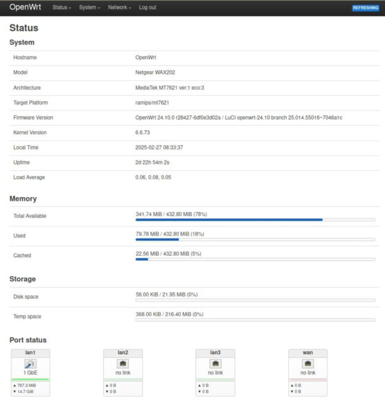 LuCI home screen for a NETGEAR WAX202 running OpenWRT in access point mode. I had just upgraded it to the February 24, 2025 release.