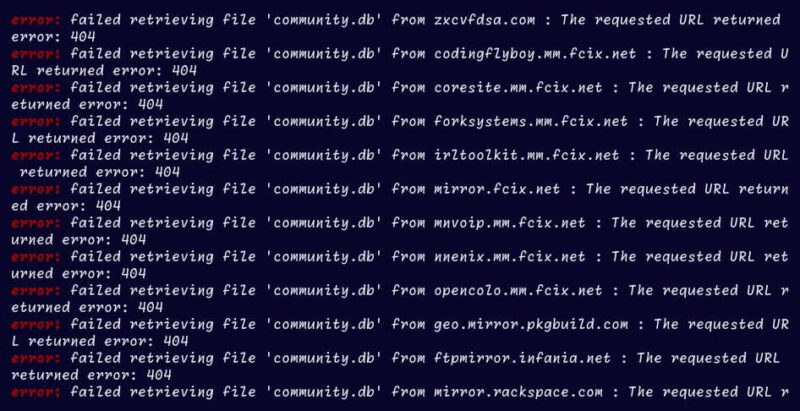 Linux terminal output for sudo pacman -Syu. "error: failed retrieving file 'community.db'; from [insert mirror] : The requested URL returned error: 404